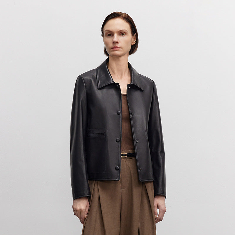 Womens beige brown slim fit cropped leather jacket