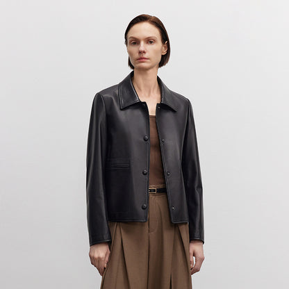 Womens beige brown slim fit cropped leather jacket