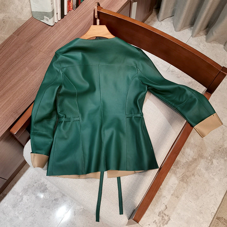 Women round neck sheepskin leather blazer jacket