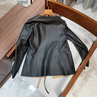 Women round neck sheepskin leather blazer jacket