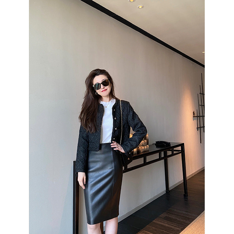 Black sheepskin bodycon midi skirt