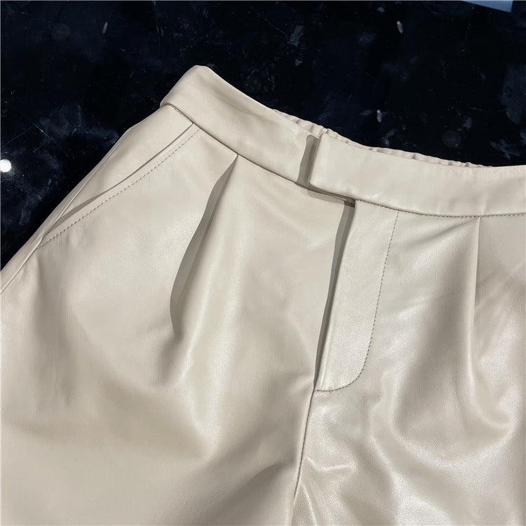 Beige genuine sheepskin leather wide leg women shorts