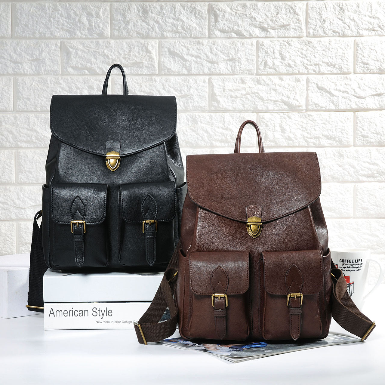 Women leather backpack laptop carry bag