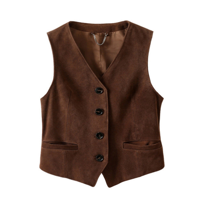Brown suede leather vest women