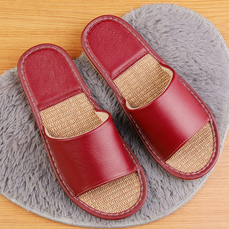 Women's Leather Slippers with Breathable Linen Insole for Indoor Wear