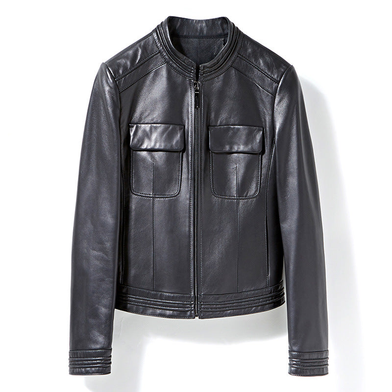 Black slim fit genuine leather jacket women