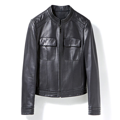 Black slim fit genuine leather jacket women