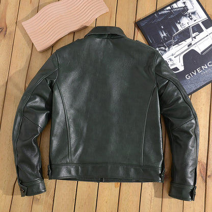 Men Green Tumbled Cowhide Military Leather Jacket