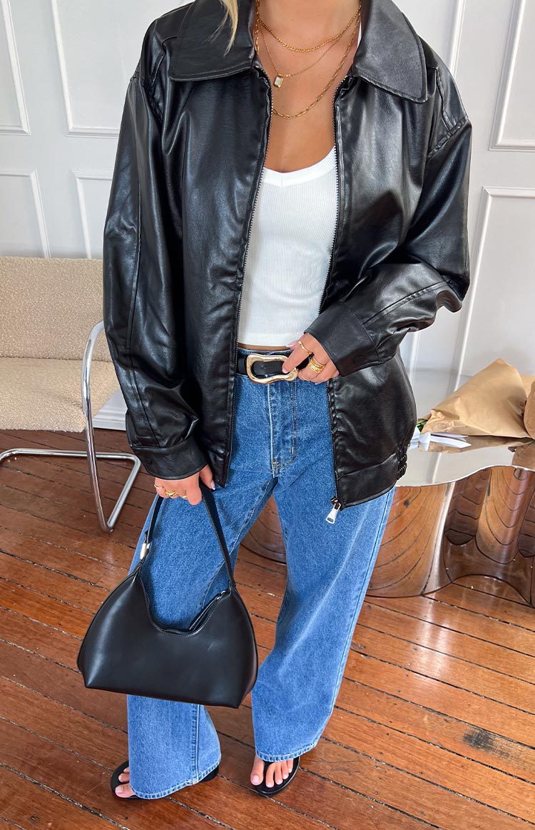 Women's Oversized Black Faux Leather Bomber Jacket