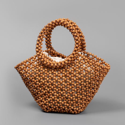 Wooden bead woven beach bag for women large