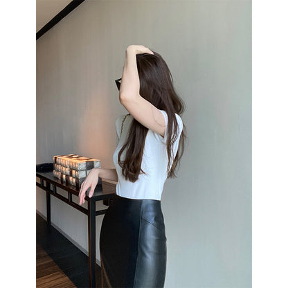 Black sheepskin bodycon midi skirt