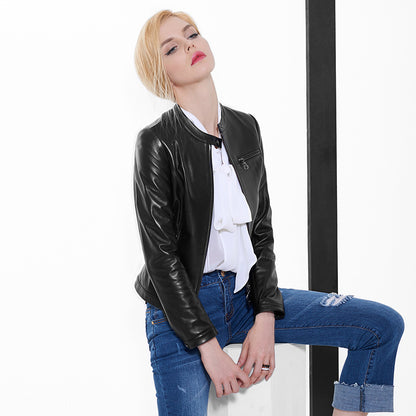 Korean slim fit cropped sheepskin leather jacket