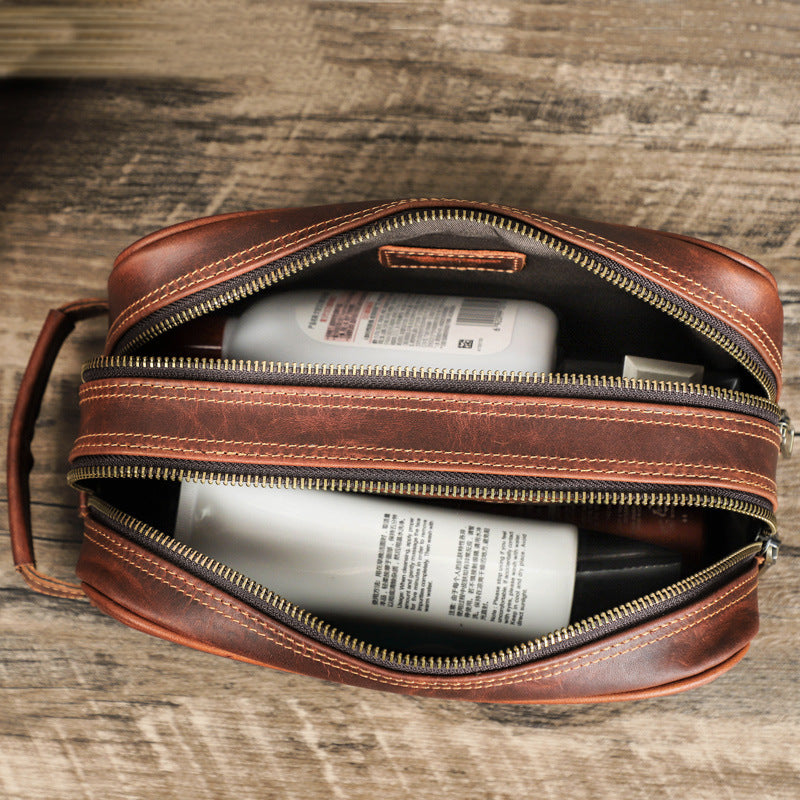 Men's Leather Travel Toiletry Bag with Dual Compartments
