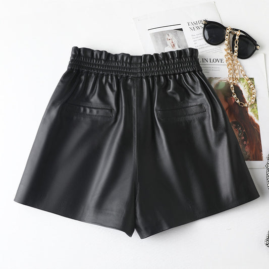 Luxury sheepskin wide leg elastic waist leather shorts