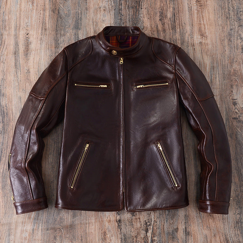 Brown Oil-Waxed Leather Biker Jacket Men