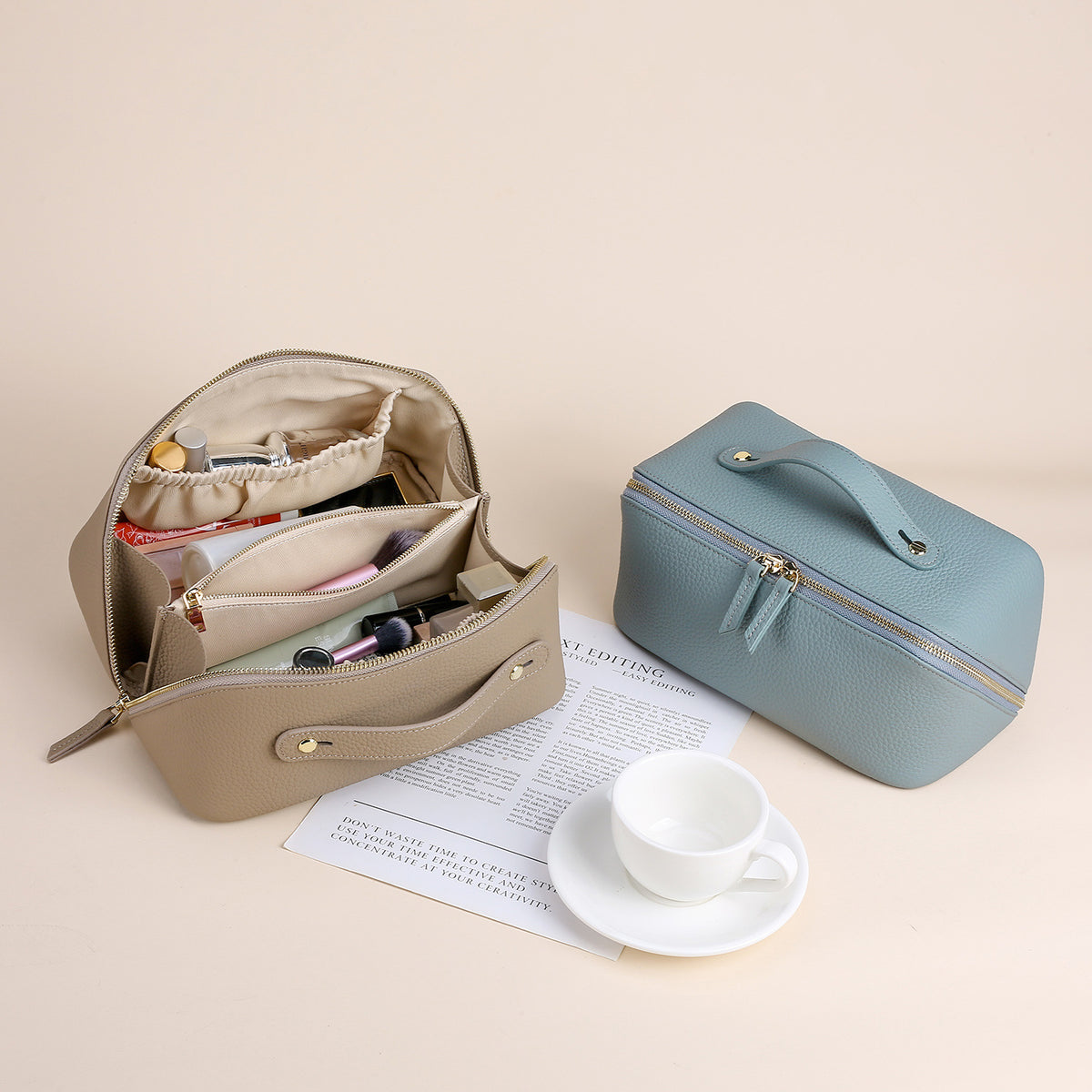 Women's Leather Toiletry Bag with Divided Cosmetic Organizer