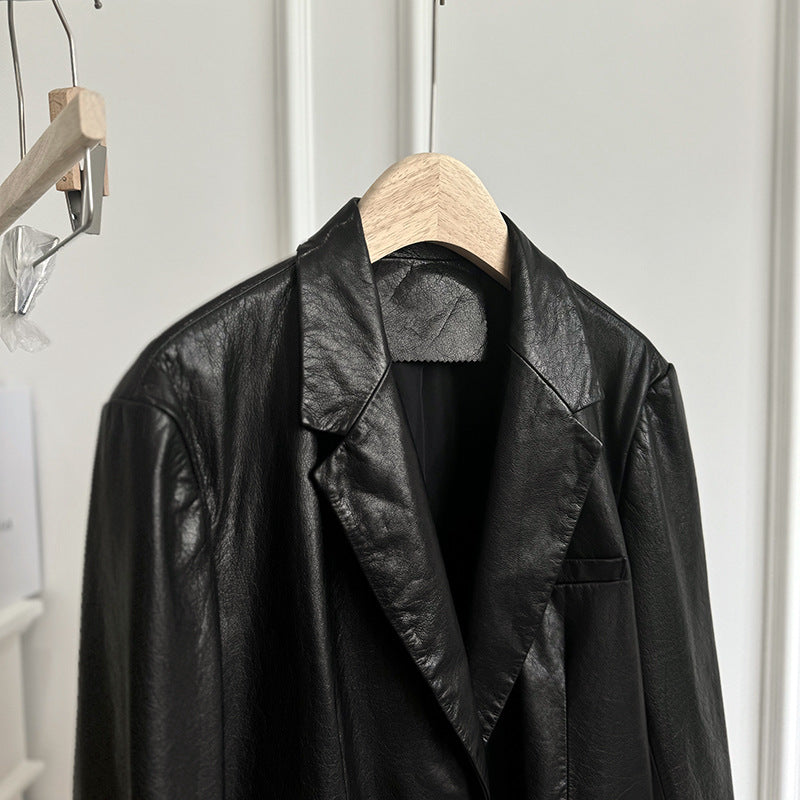 Women Oil-Waxed Loose Fit Genuine Leather Jacket