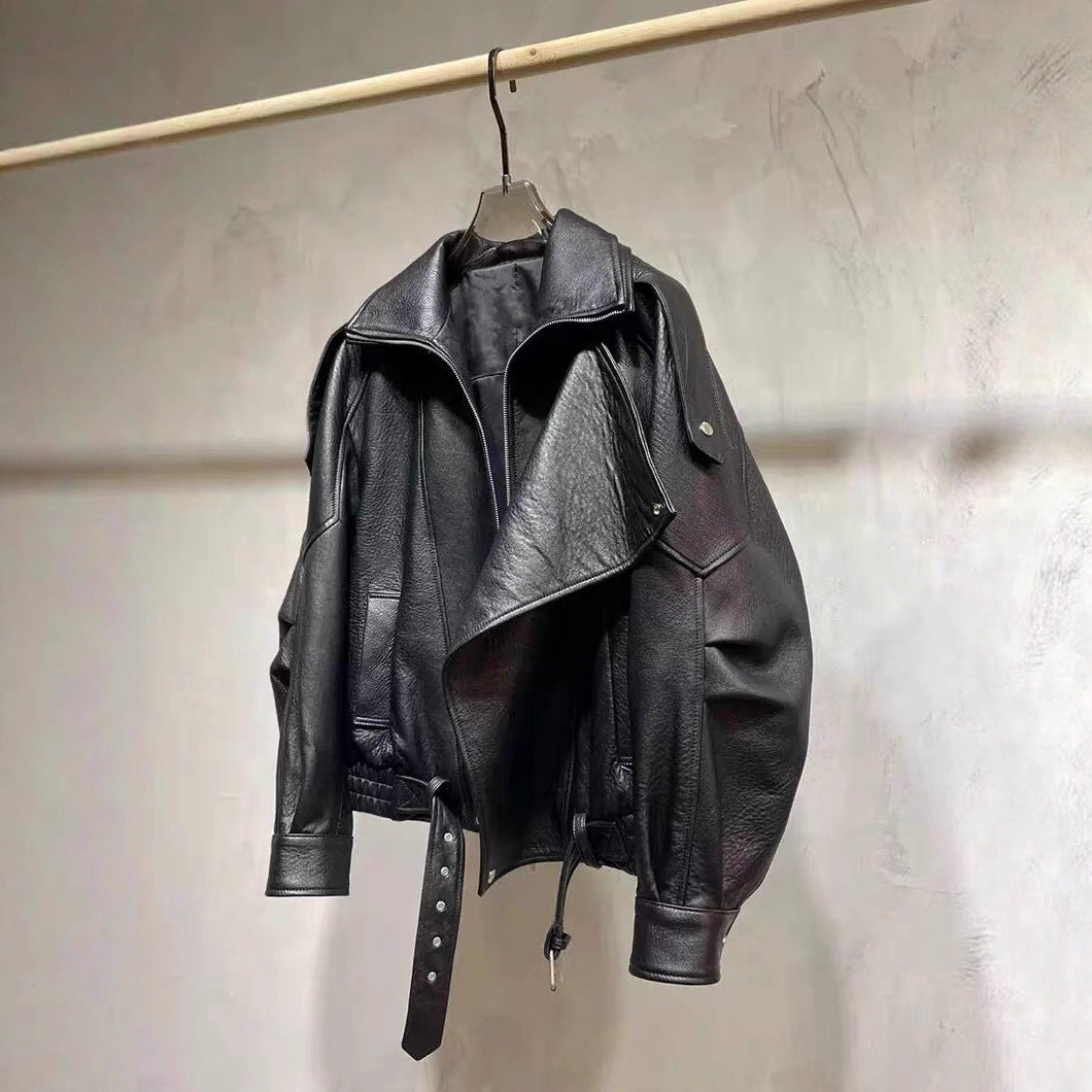 Oversized women genuine leather biker jacket