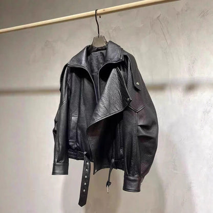Oversized women genuine leather biker jacket