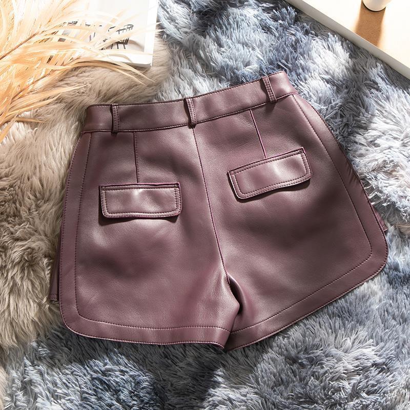 High waist burgundy sheepskin leather shorts