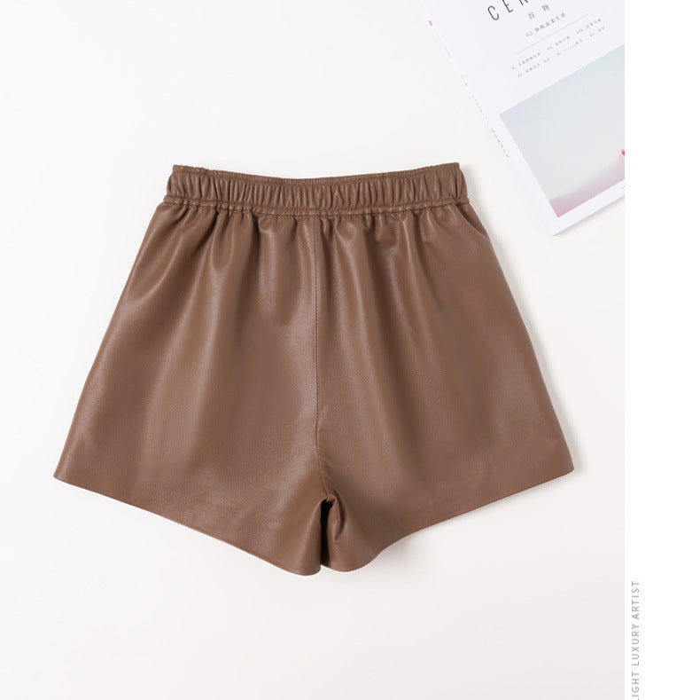 High waist genuine sheepskin leather wide leg shorts for women