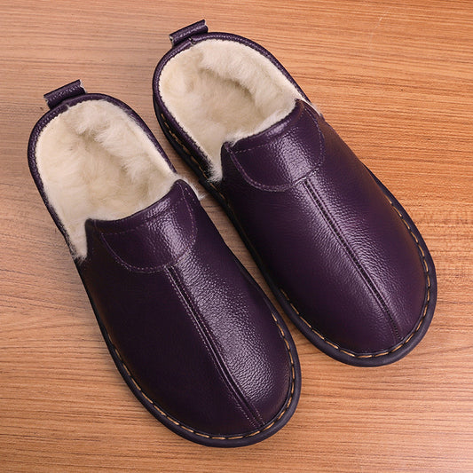 Women's Winter Slippers with Leather Upper and Warm Wool Lining