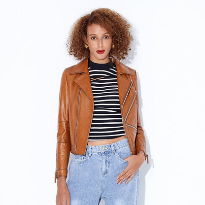 Women slim fit brown biker leather jacket