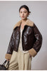 Women shearling collar oil-waxed down leather jacket