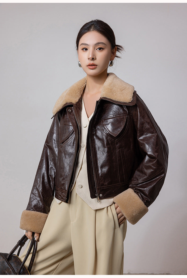 Women shearling collar oil-waxed down leather jacket