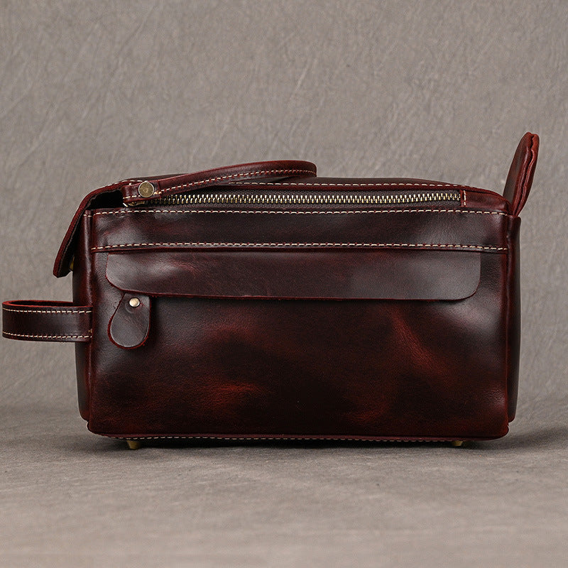 Men's Leather Wash Bag in Dark Brown Top-Grain Cowhide