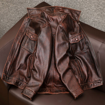 Distressed brown moto leather jacket vintage biker