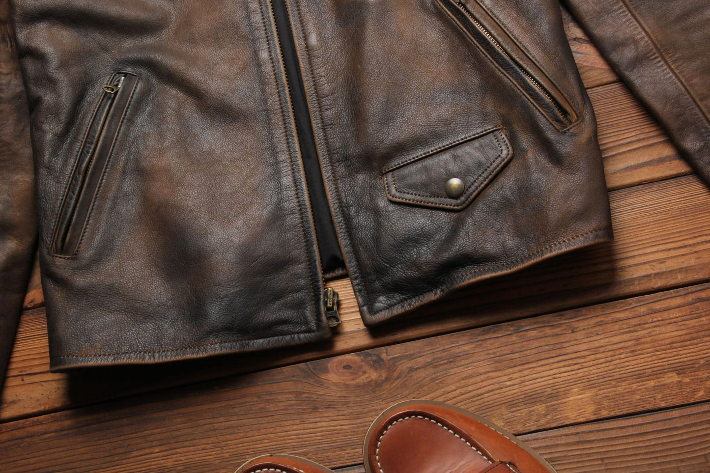 Top-grain distressed leather biker jacket