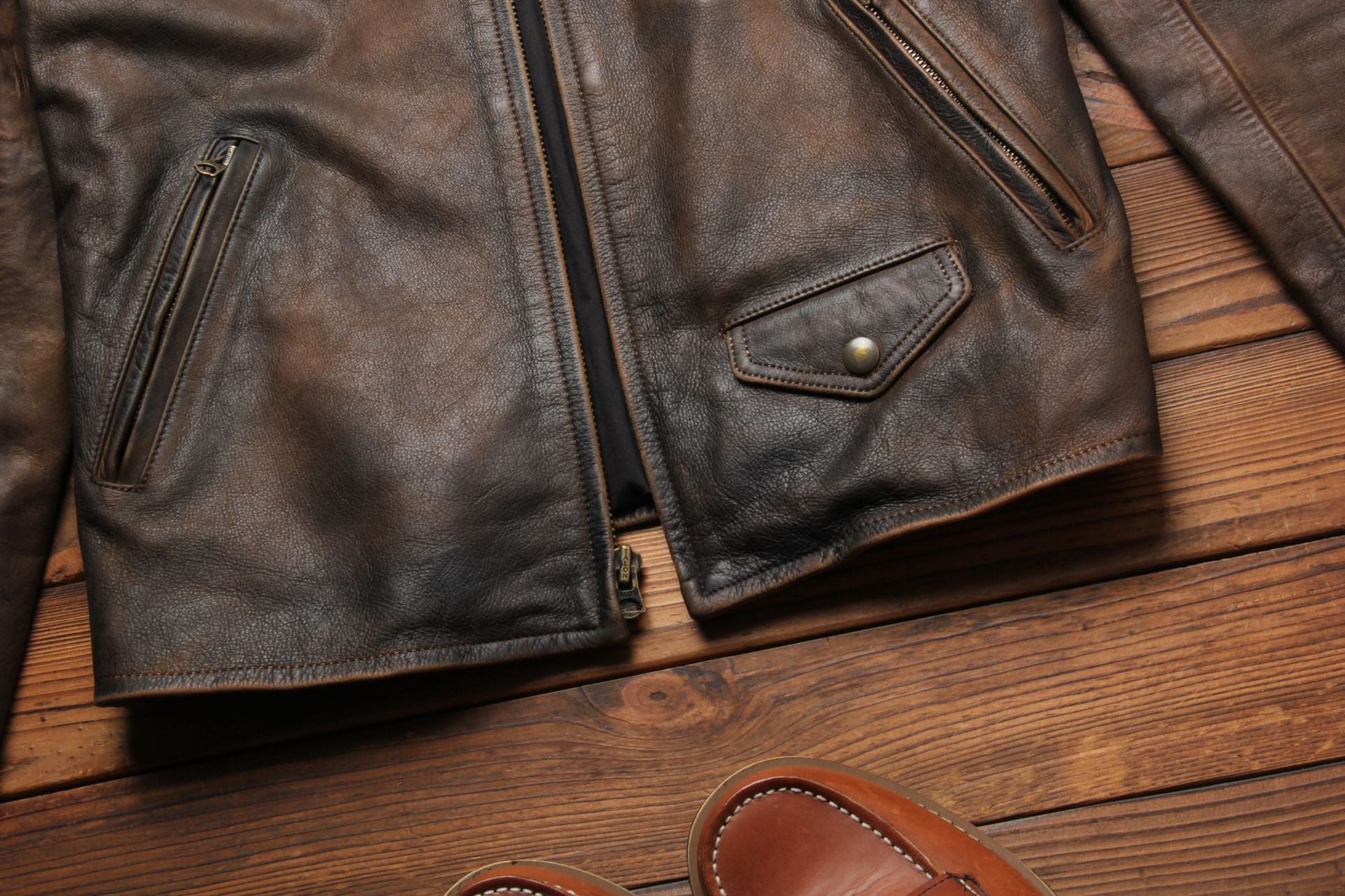 Top-grain distressed leather biker jacket