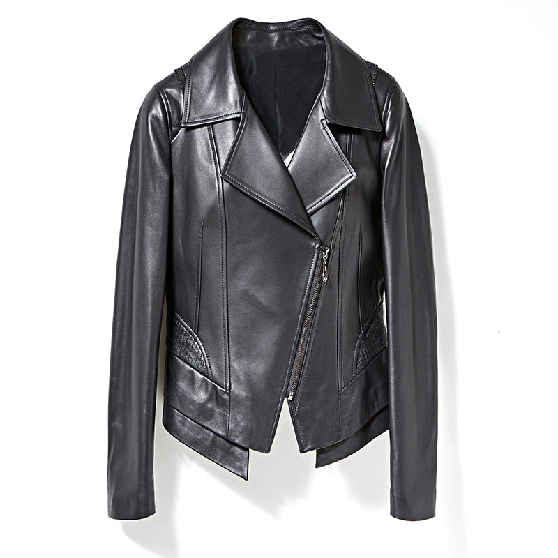 Black slim fit genuine leather jacket women