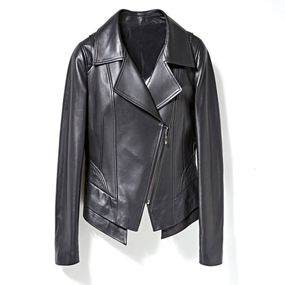 Black slim fit genuine leather jacket women