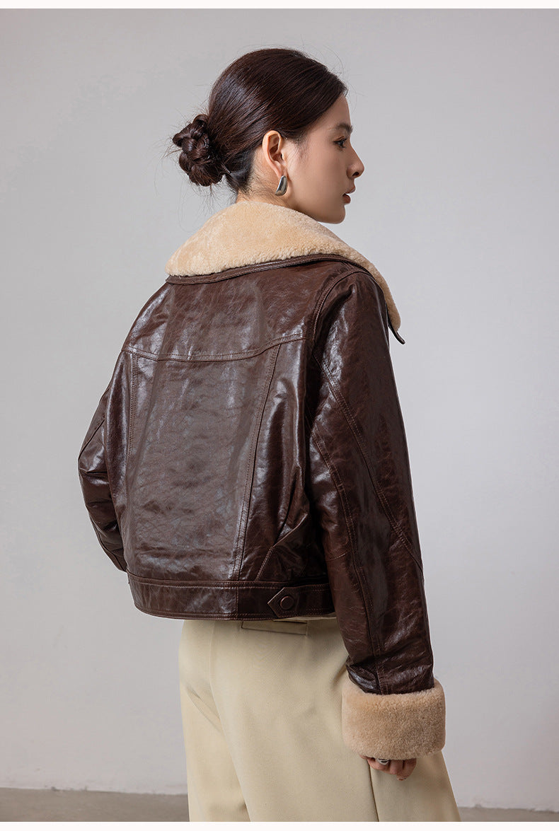 Women shearling collar oil-waxed down leather jacket