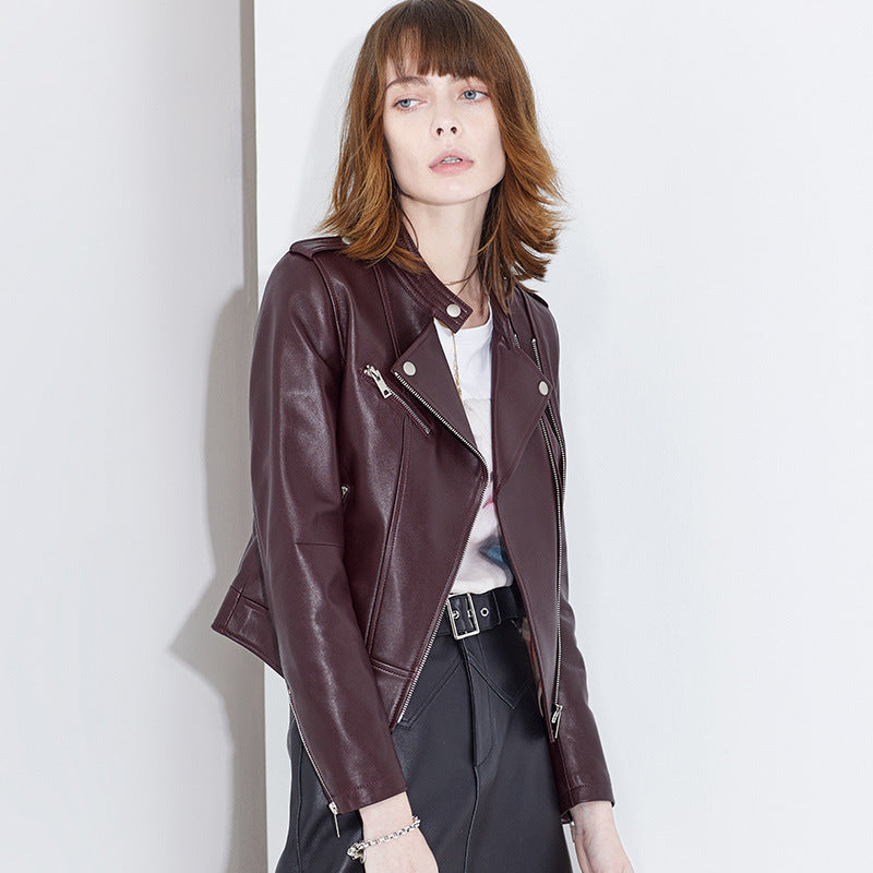 Women slim fit cropped leather biker jacket