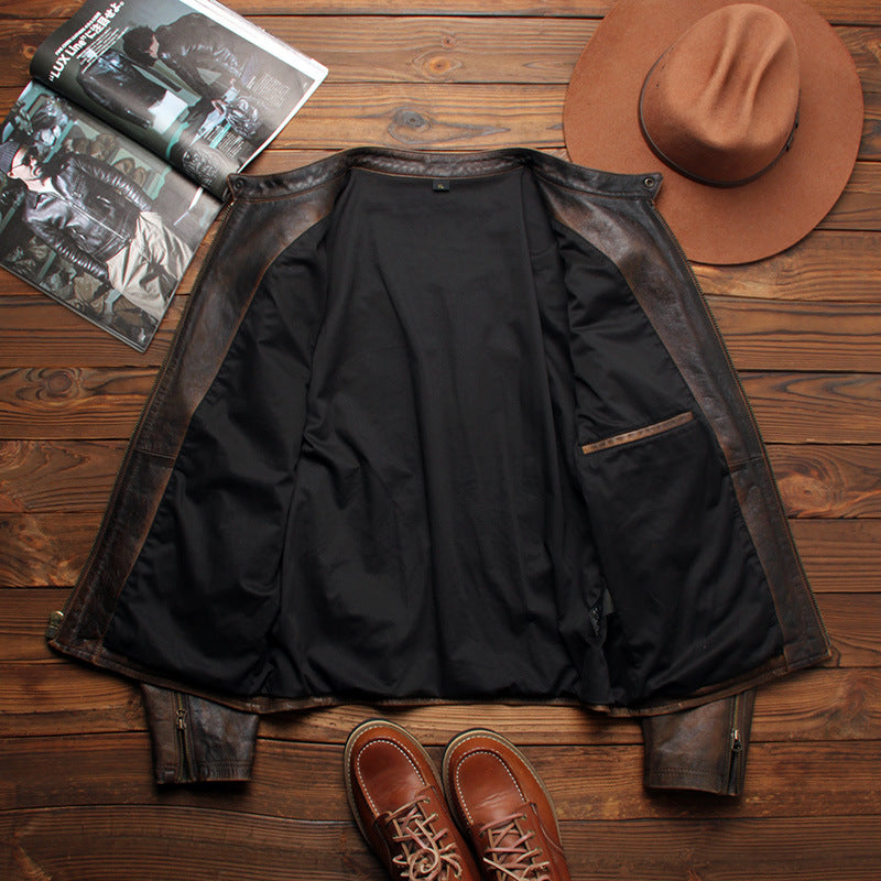Top-grain distressed leather biker jacket