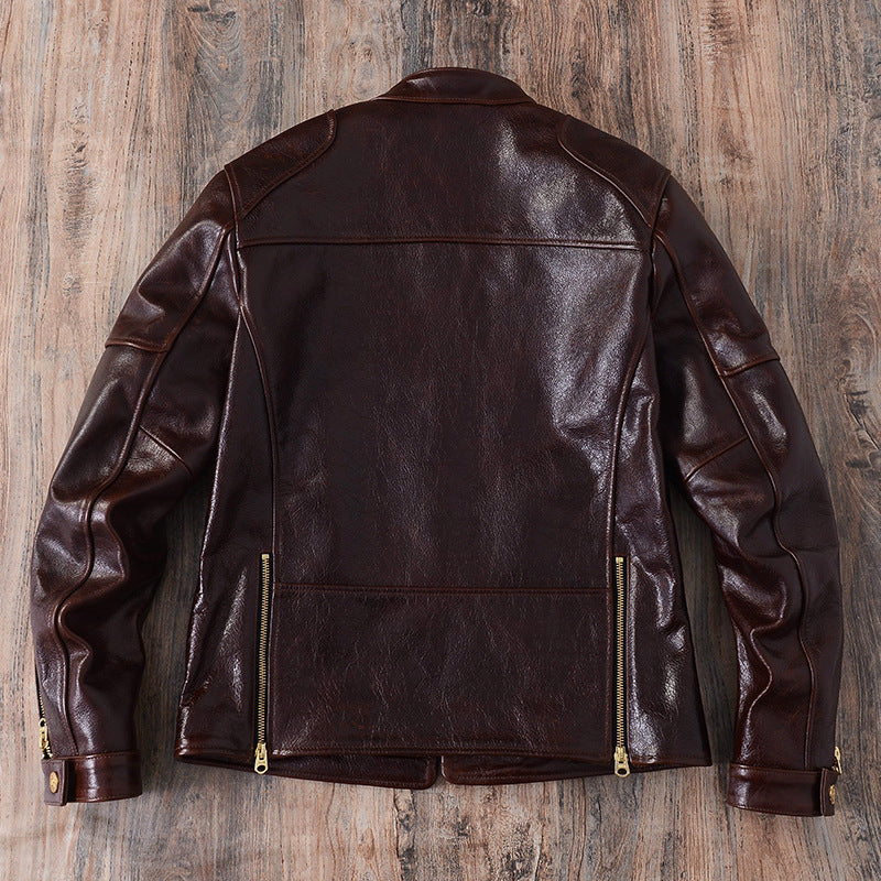 Brown Oil-Waxed Leather Biker Jacket Men