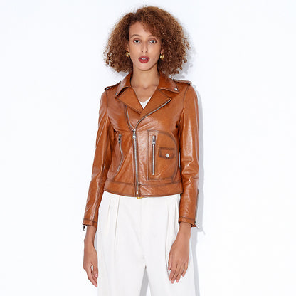 Women slim fit brown leather biker jacket