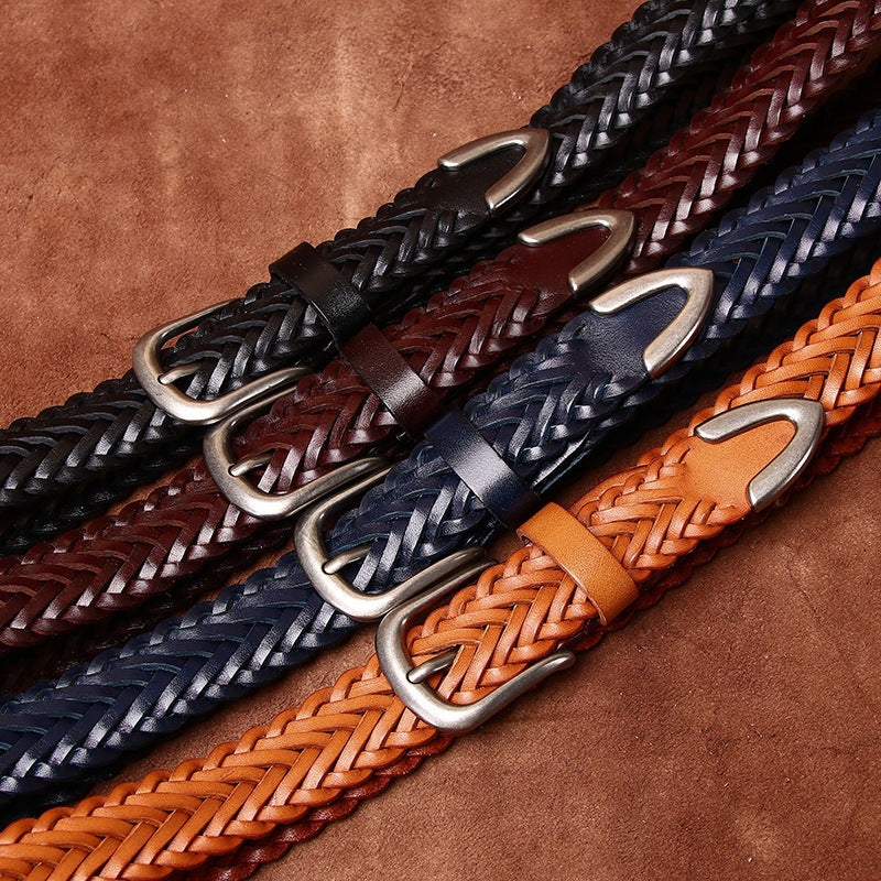 Womens Woven Belt in Top-Grain Leather with Pin Buckle
