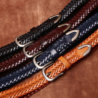Womens Woven Belt in Top-Grain Leather with Pin Buckle