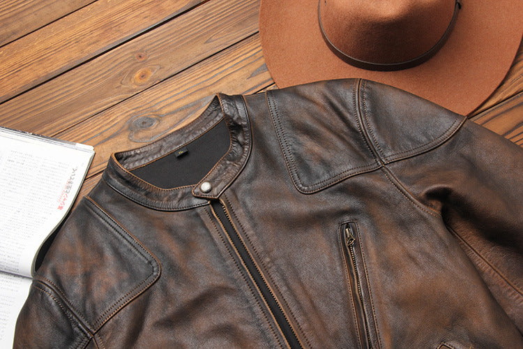 Top-grain distressed leather biker jacket