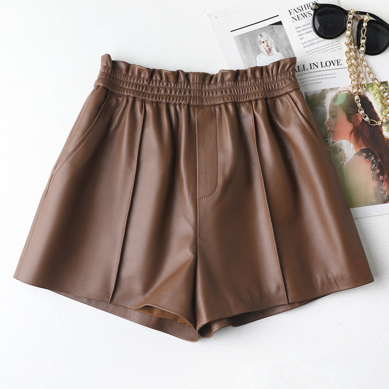 Luxury sheepskin wide leg elastic waist leather shorts