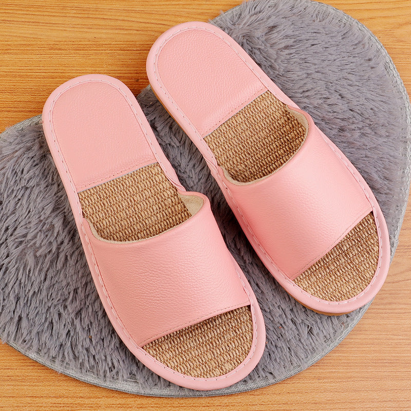 Women's Leather Slippers with Breathable Linen Insole for Indoor Wear
