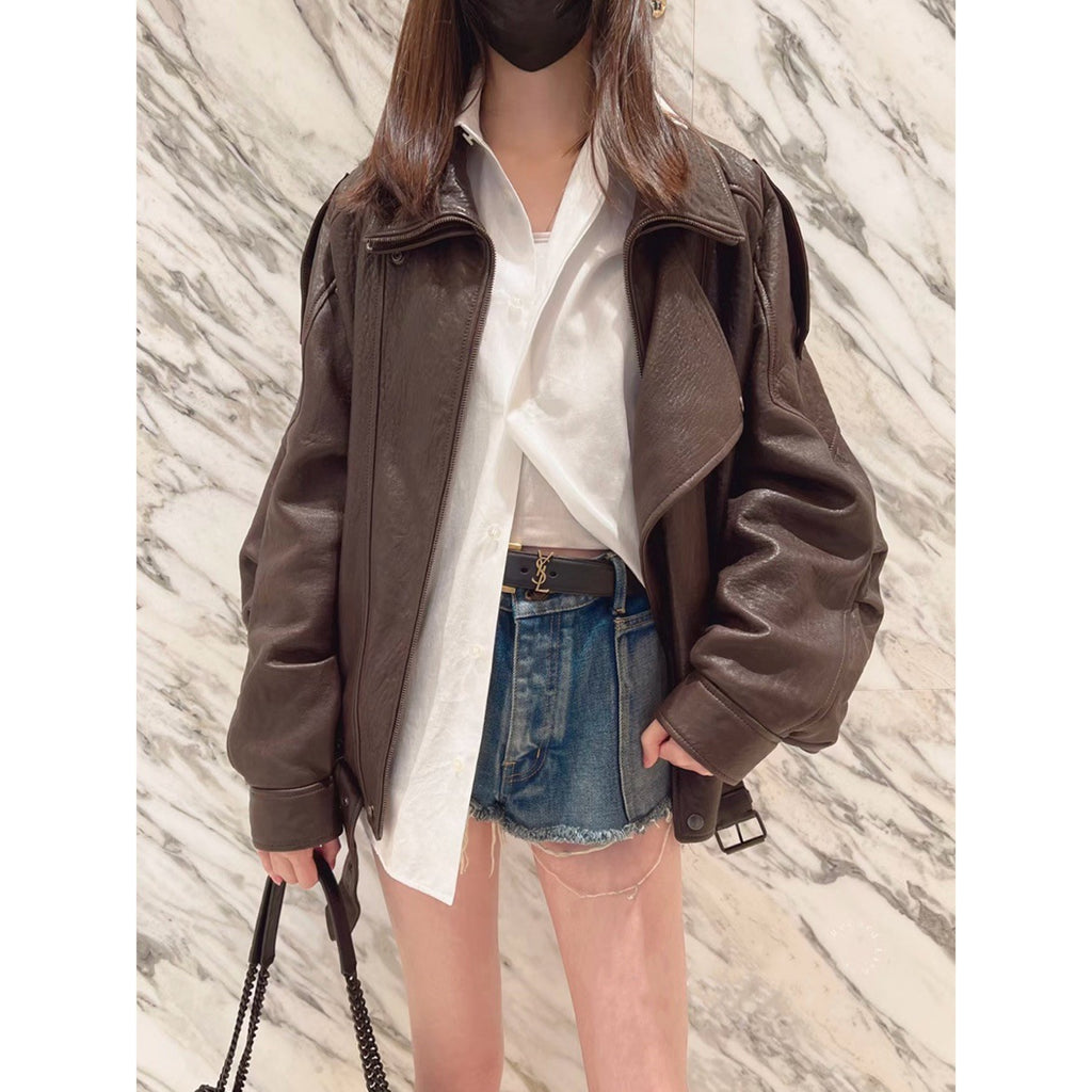 Oversized women genuine leather biker jacket