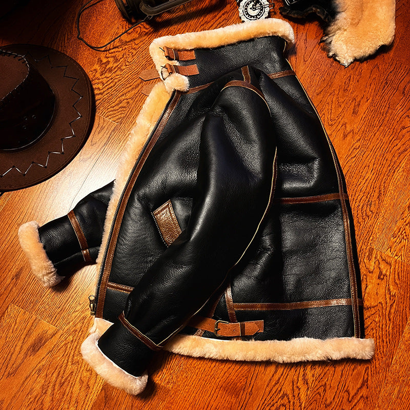 Black shearling leather aviator jacket men
