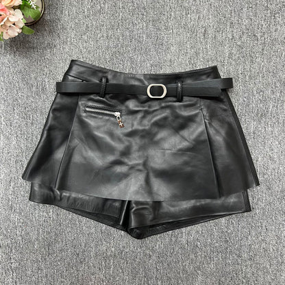 High waist black sheepskin leather skort shorts with belt
