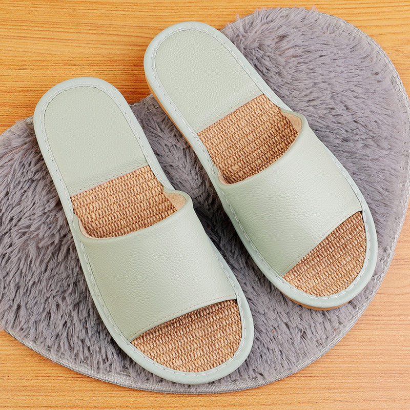 Women's Leather Slippers with Breathable Linen Insole for Indoor Wear