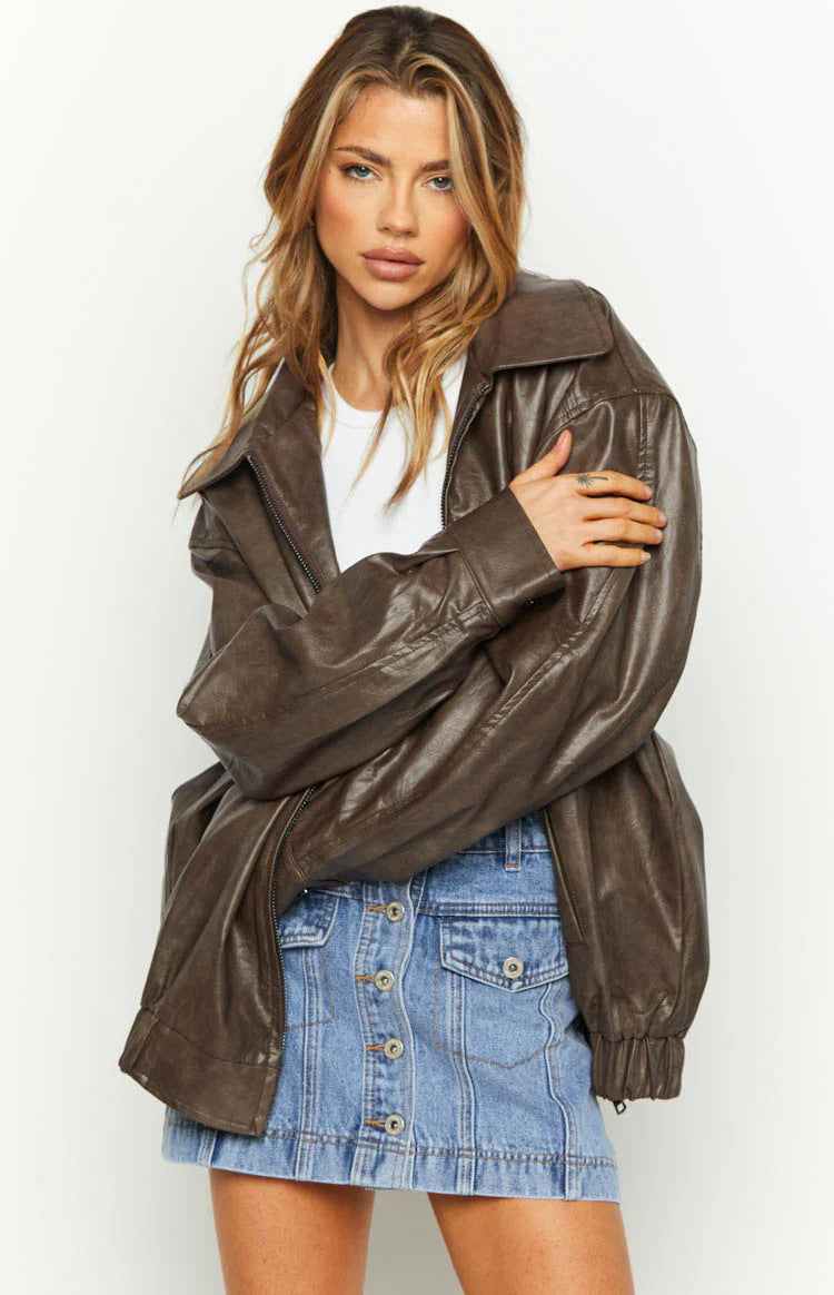 Women's Brown Oversized Faux Leather Jacket Loose Fit